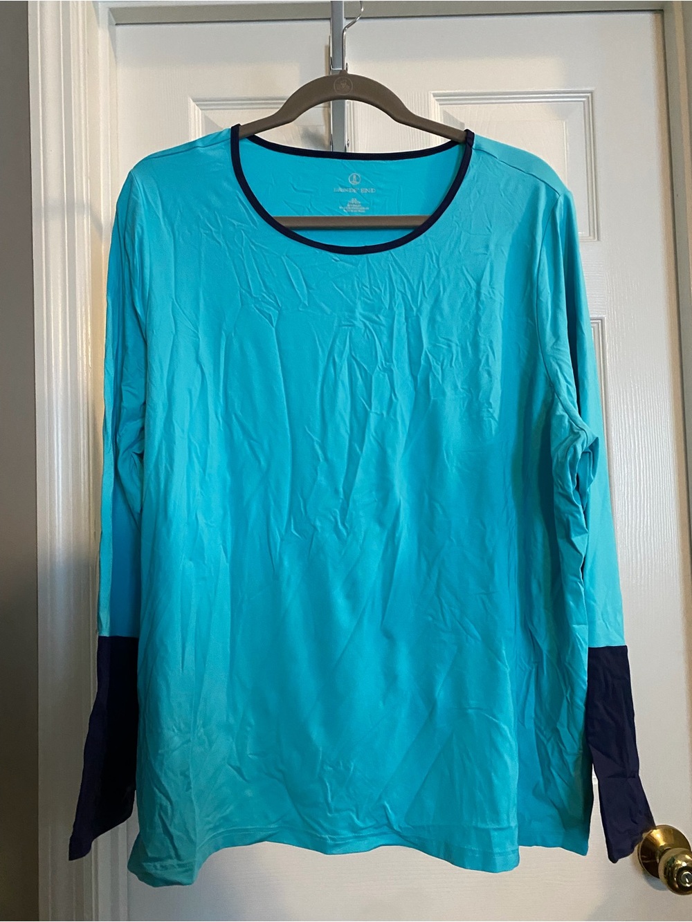 Lands' End Women's Teal Long-Sleeve Crew with Navy Trim
